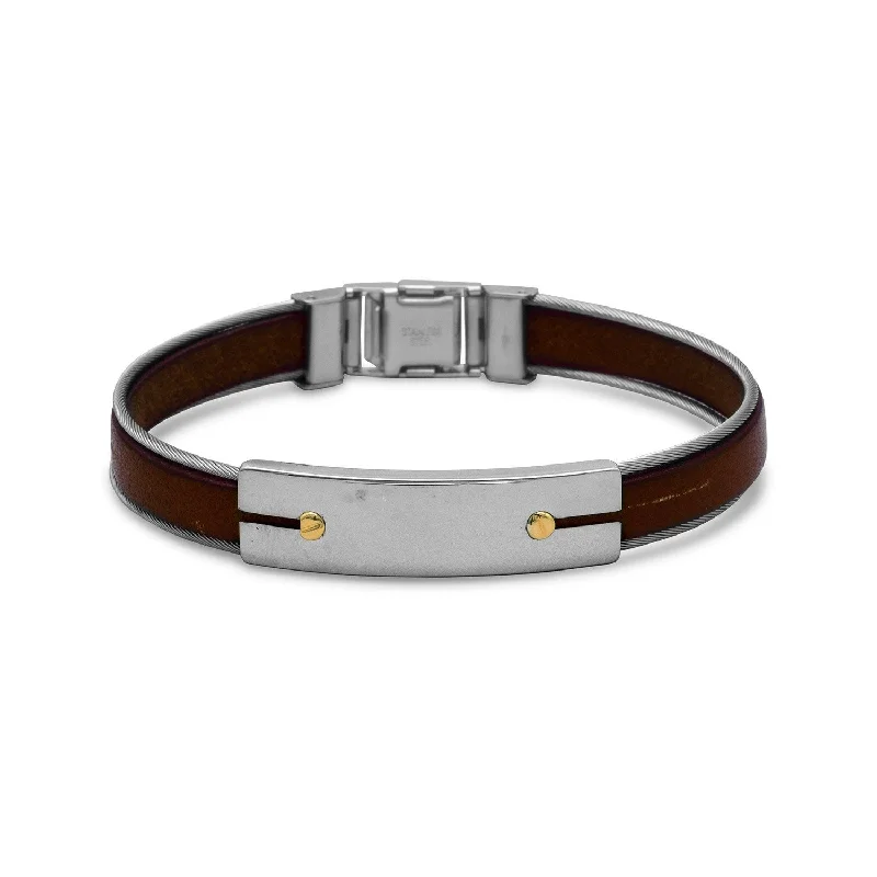 Woven tribal bangles-8.5" Stainless Steel and Leather Men's Bracelet with 18 Karat Gold Accents