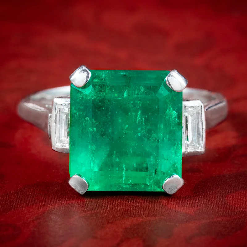 Spinel cut rings-Art Deco Emerald Diamond Trilogy Ring 7.24ct Colombian Emerald With Cert