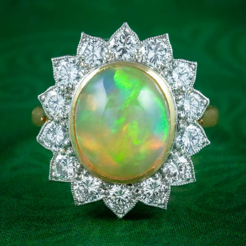 Dainty gold rings-Edwardian Style Opal Diamond Flower Cluster Ring 3.1ct Opal