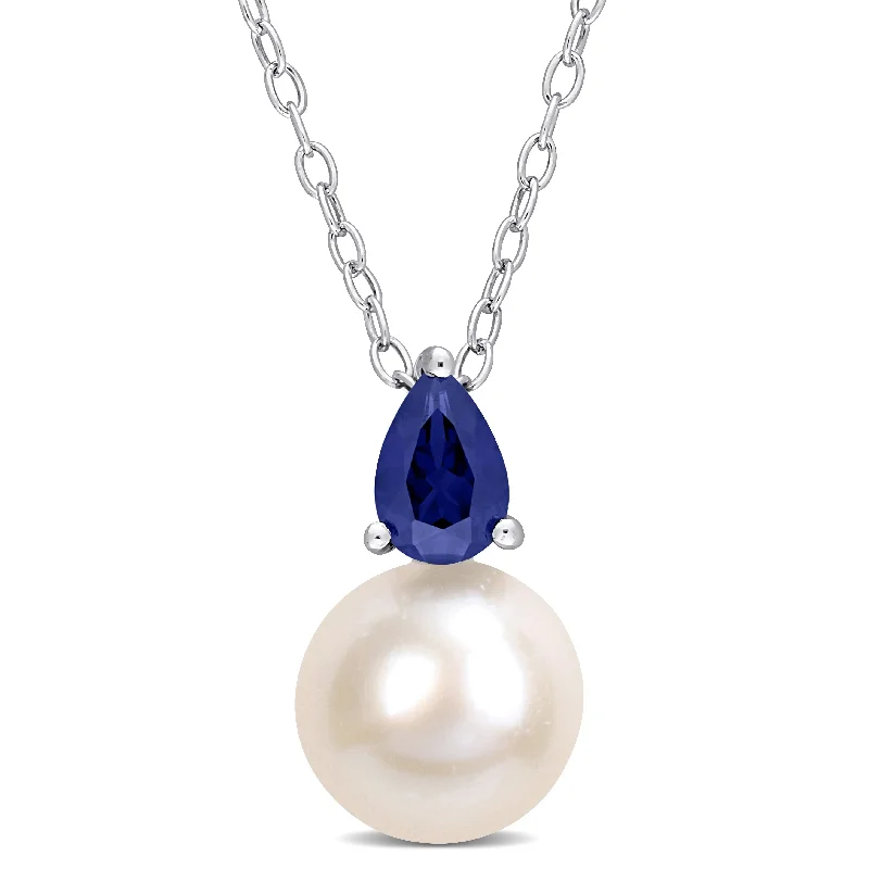 Miadora 8.5-9mm White Cultured Freshwater Pearl and 5/8ct TGW Created Blue Sapphire Necklace in Sterling Silver