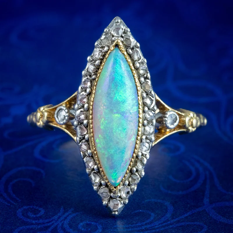 Minimal silver rings-Antique Victorian French Opal Diamond Navette Ring 2.5ct Opal