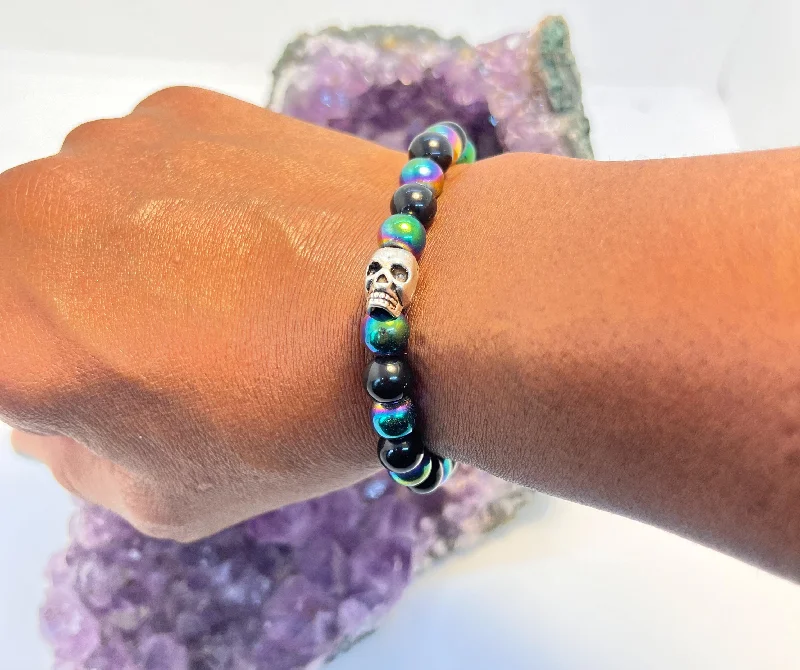 Night charm bangles-Rainbow Hematite Stretchy Bracelet w/Skull