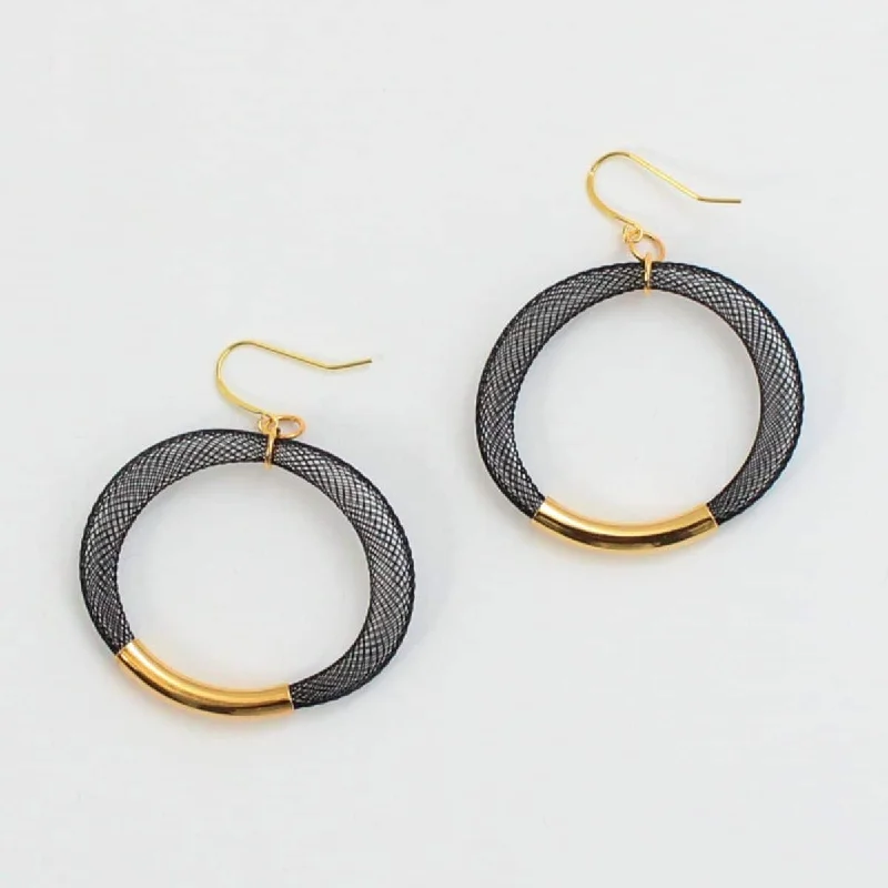 Fox wing earrings-Black Mesh Hoop Earring Gold