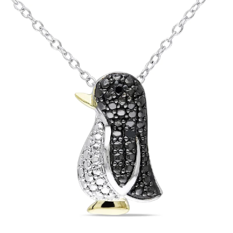 Miadora Sterling Silver Black Diamond Penguin Necklace