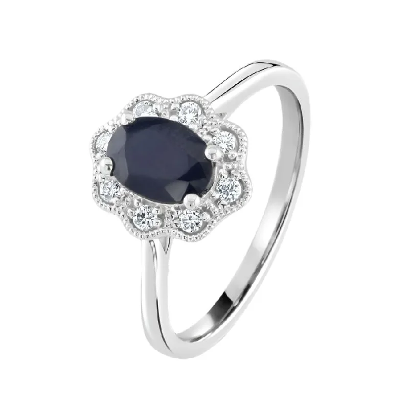 Surf theme engagement rings-9ct White Gold Oval Cut Sapphire & Diamond Cluster Ring