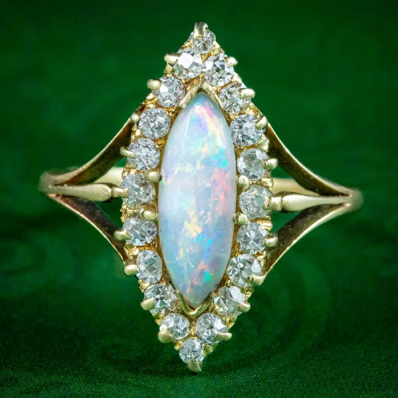 Solid gem rings-Antique Victorian Opal Diamond Navette Cluster Ring 1ct Opal