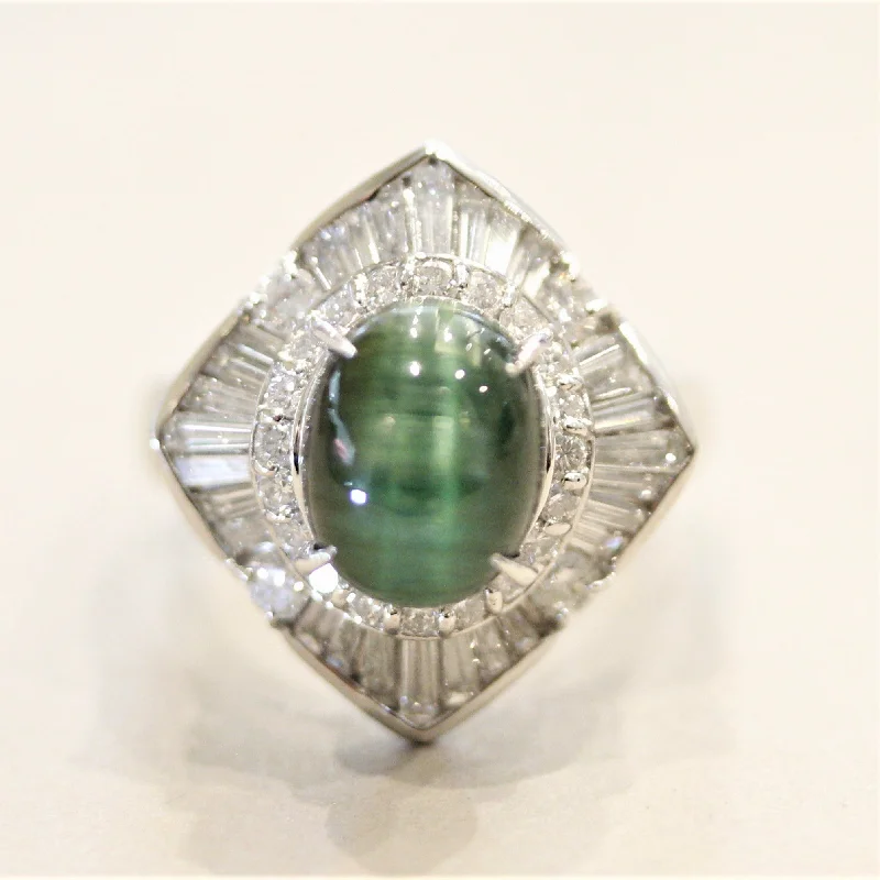 Surf motif rings-Cat’s Eye Tourmaline Diamond Platinum Ring