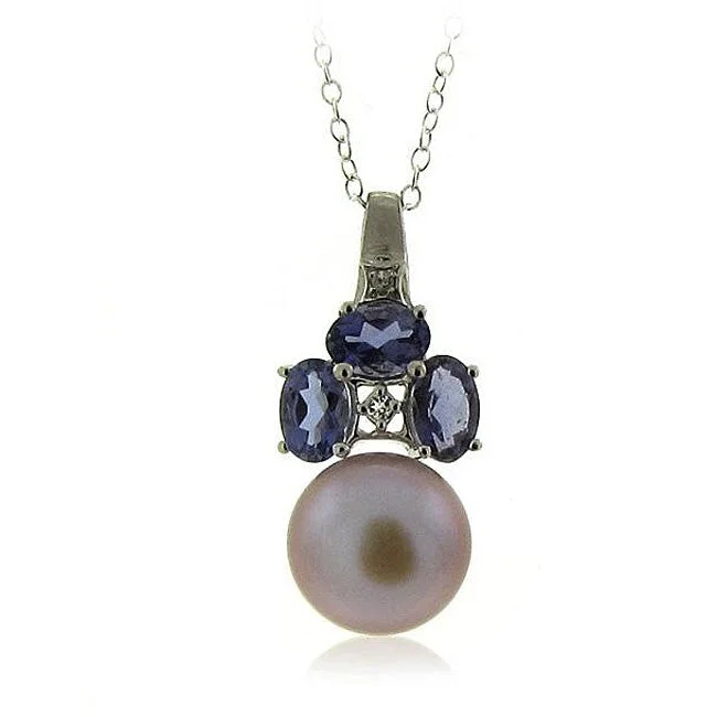 DaVonna Sterling Silver Freshwater Pearl, Iolite and Topaz Necklace (10-11 mm)