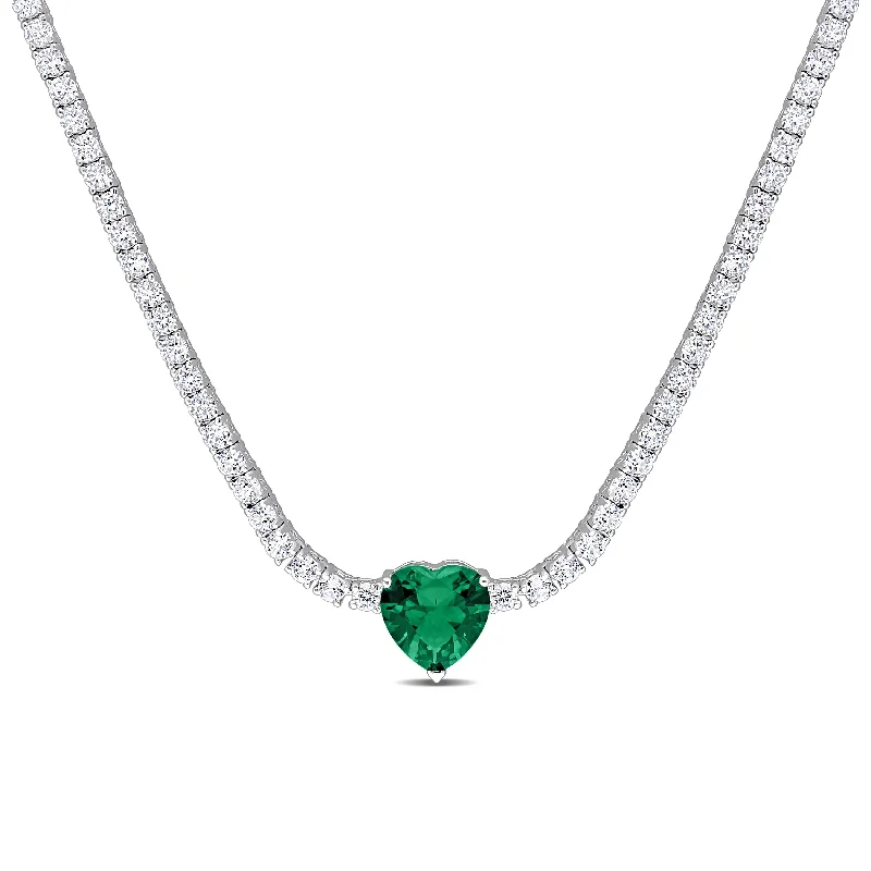 Miadora 18 CT TGW Heart Shaped Green Cubic Zirconia & Created White Sapphire Tennis Necklace in Sterling Silver