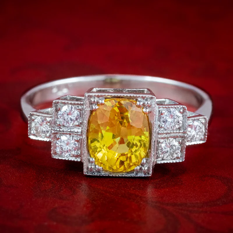 Spinel cut rings-Art Deco Style Yellow Sapphire Diamond Ring 2ct Sapphire