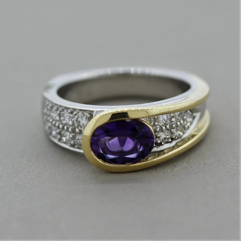 Satin band rings-Modern Amethyst Diamond Platinum & Gold Two-Tone Ring