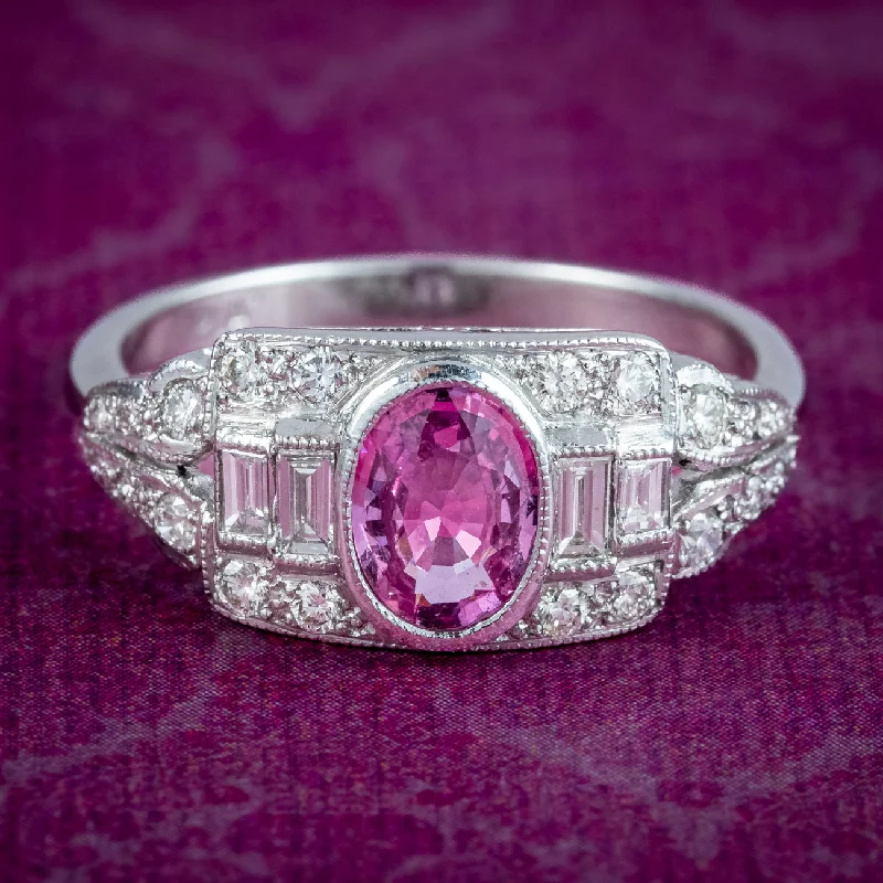 Mystic eye rings-Art Deco Style Pink Sapphire Diamond Cluster Ring 0.65ct Sapphire