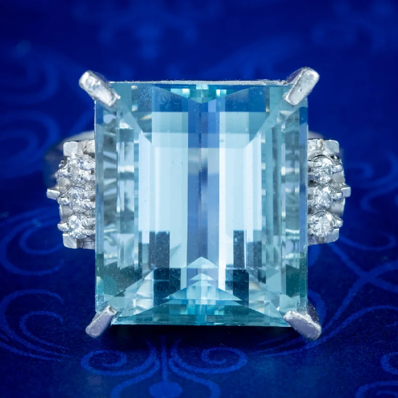 Mystic eye rings-Art Deco Style Aquamarine Diamond Cocktail Ring 14.88ct Aqua