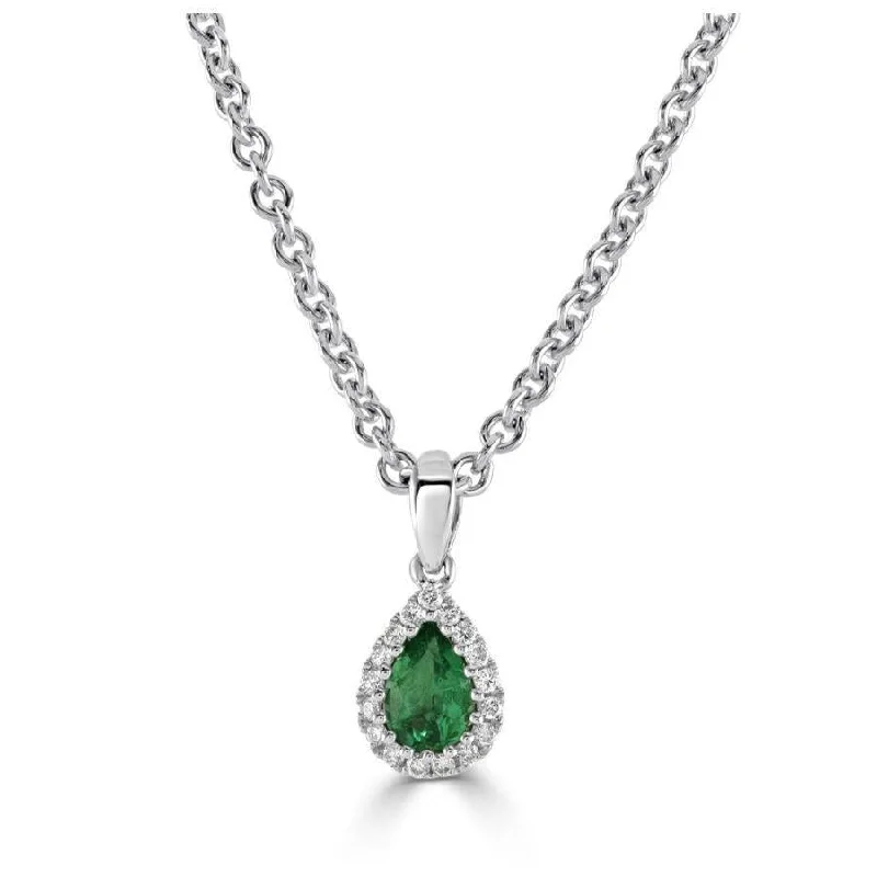 Classic ruby engagement rings-18ct White Gold Pear Cut Emerald & Diamond Halo Cluster Pendant