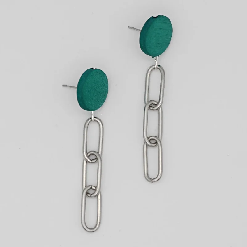 Half moon earrings-Teal Silver Link Dangle Earring