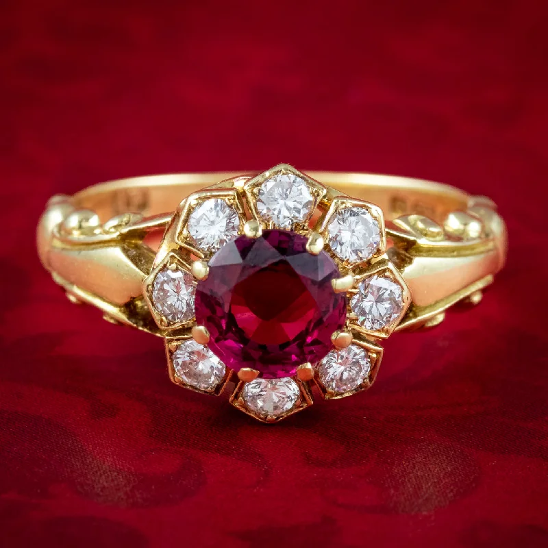 Full moon rings-Vintage Ruby Diamond Cluster Ring Natural 1.13ct Ruby Dated 1977 With Cert