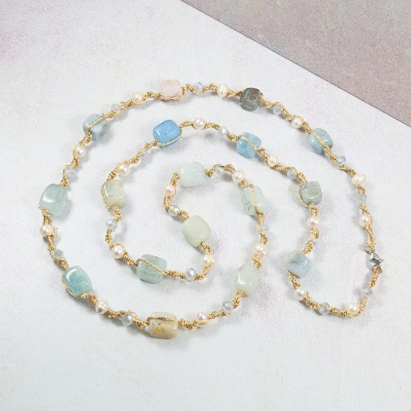 Aquamarine and Cultured Pearl Twist Knot Necklace