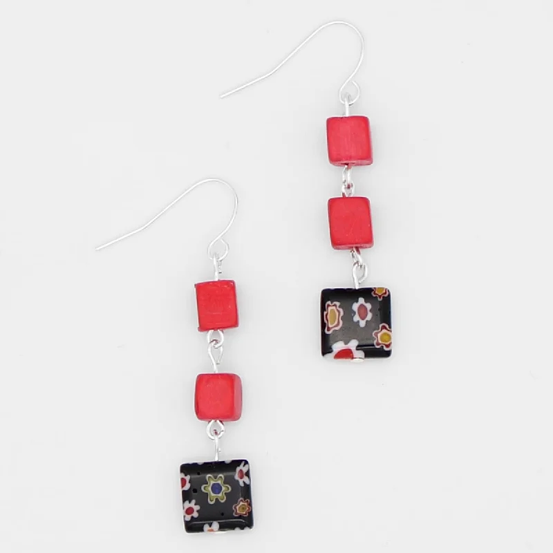 Wave drop earrings-Red Floral Drop Earring