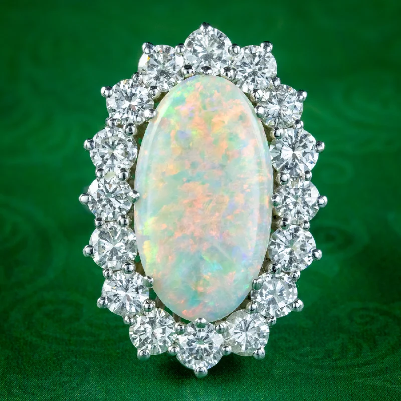 Solid gem rings-Vintage Opal Diamond Cocktail Ring 12ct Opal 4ct Diamond