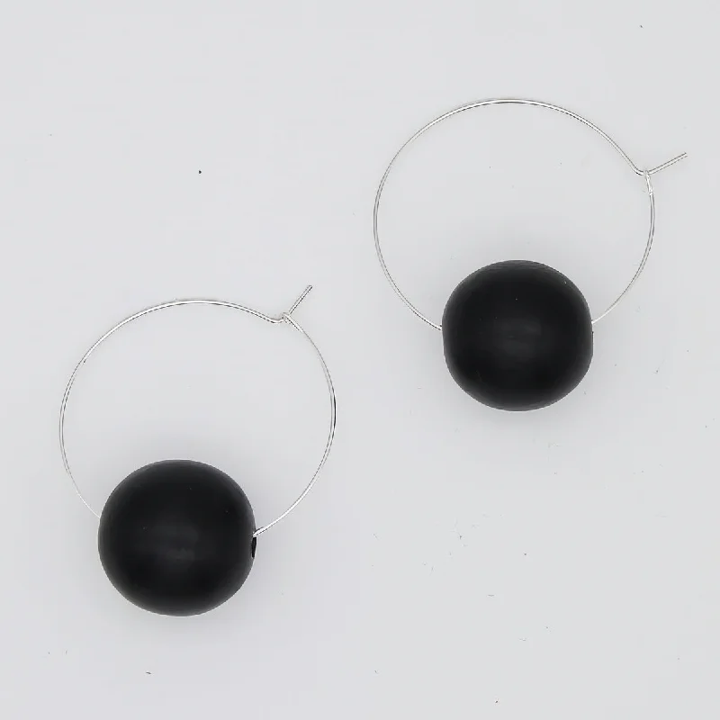 Bold statement earrings-Black Ball Hoop Dangle Earring