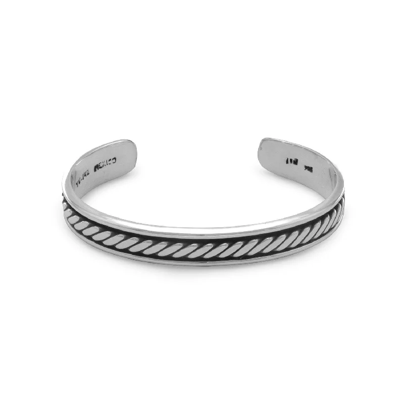 Smooth form bangles-Oxidized Men's Cuff Bracelet with Rope Design