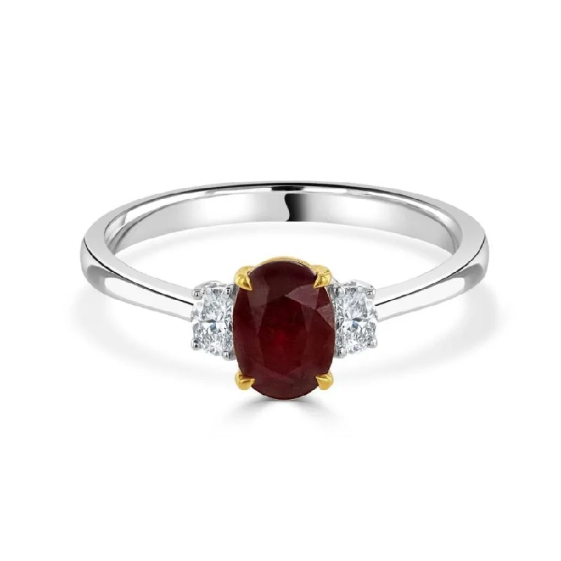 Moon motif engagement rings-18ct Gold yellow and white gold oval ruby and oval diamond claw set 3 stone ring