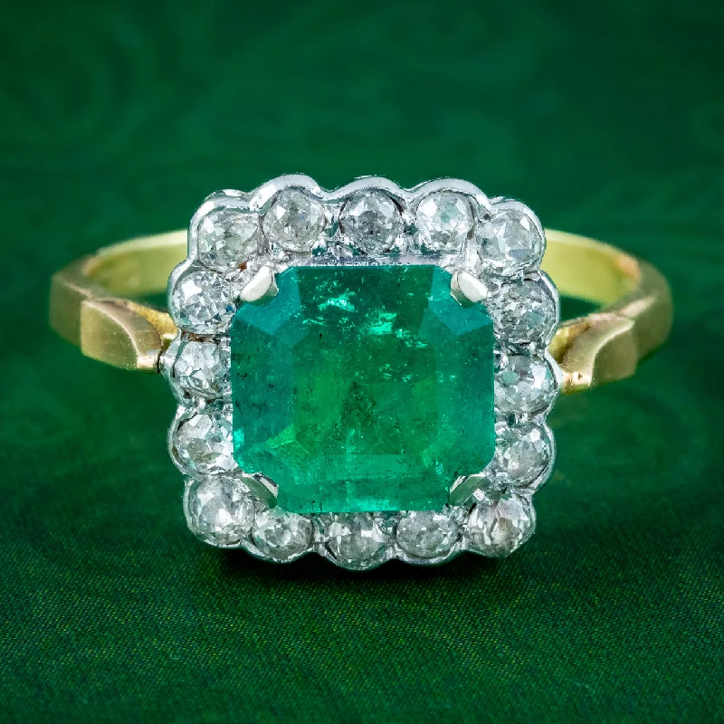 Bead row rings-Vintage Emerald Diamond Cluster Ring 3.65ct Emerald Dated 1977