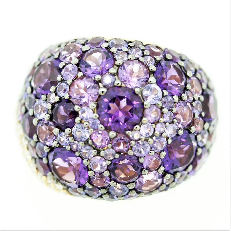 Fiber edge rings-Amethyst Sapphire Diamond Gold Domed Cocktail Ring