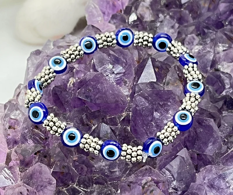 Alloy metal bangles-Evil Eye Stretchy Bracelet w/Tibetan Silver spacers