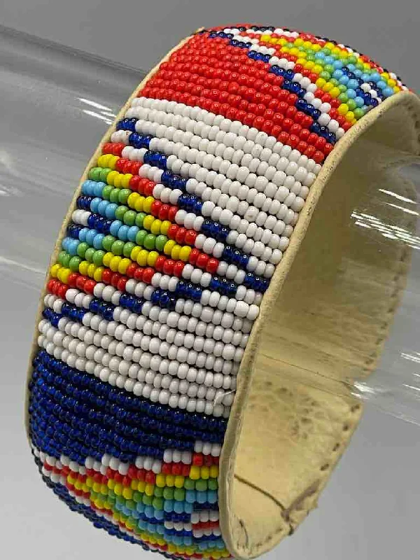 Vintage bead bangles-Chevron Design Wide Beaded Leather Bracelet - Mali