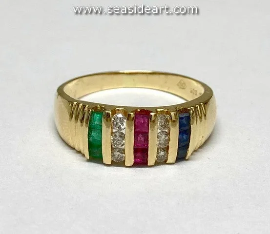 Bead row rings-Emerald, Ruby, Sapphire and Diamond-14K Yellow Gold Lady's Ring