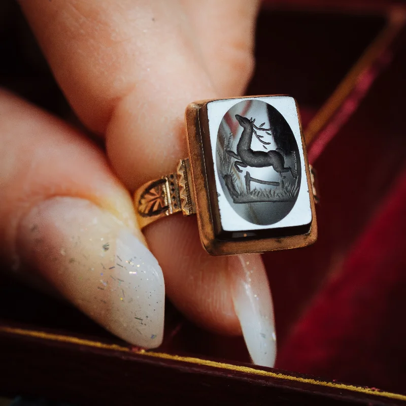 Curved shank rings-Unusual Circa 1900 Antique Deer Intaglio Ring