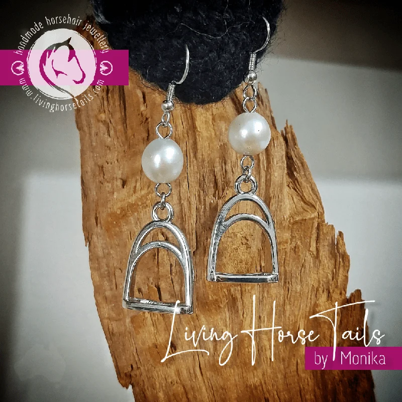 Java tile earrings-Pearl stirrup earrings