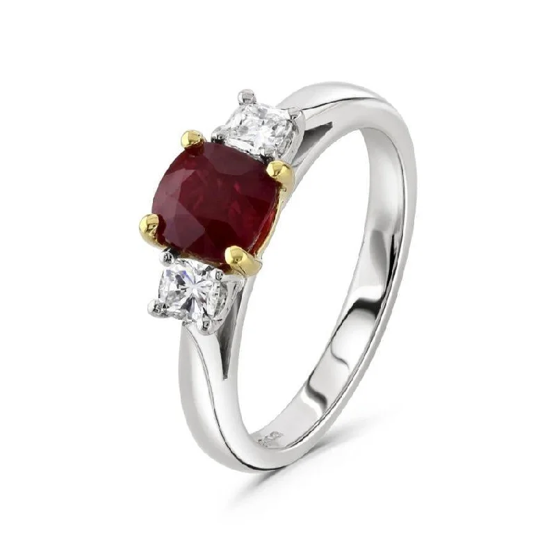 Twisted shank engagement rings-Platinum & 18ct Yellow Gold Cushion Cut Ruby & Round Brilliant Cut Diamond Trilogy Ring