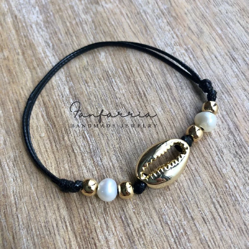 Rose gold bangles-Gold Cowrie Pearl Sea Shell Anklet, Shell Bracelet