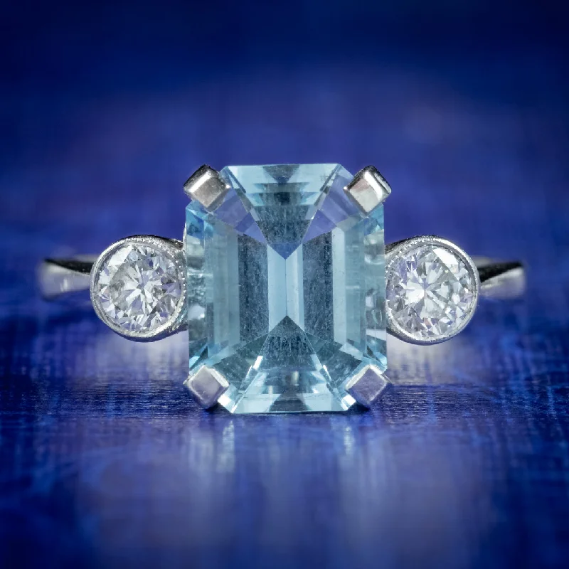 Woven charm rings-Art Deco Style Aquamarine Diamond Trilogy Ring 3ct Aqua