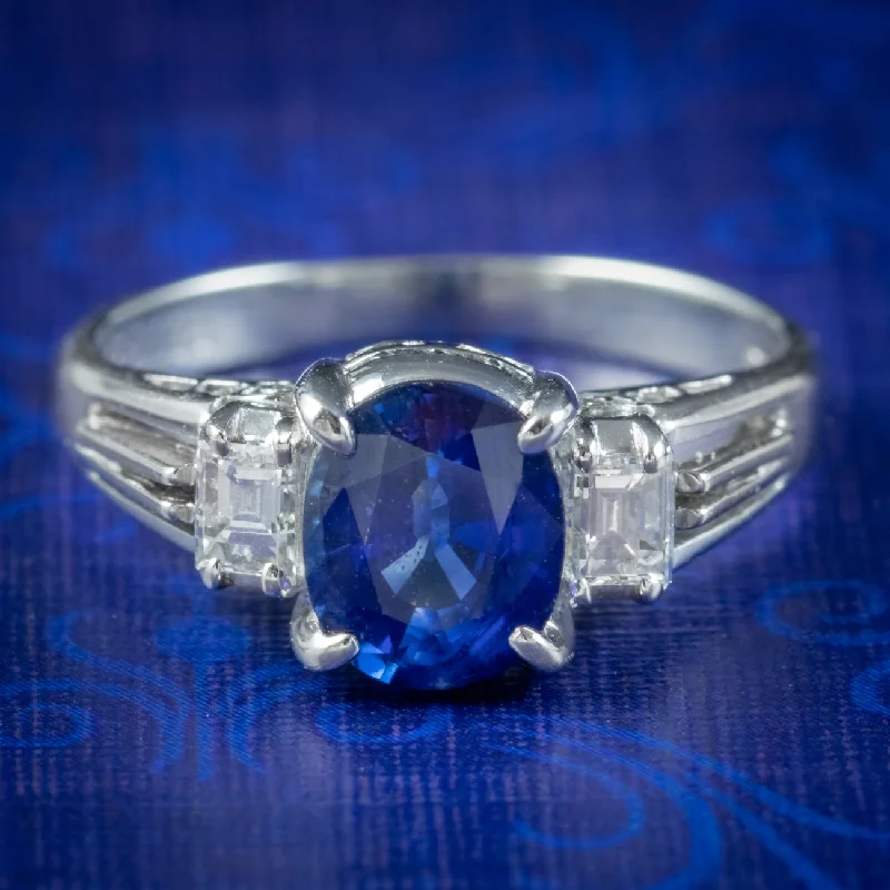 Owl motif rings-Edwardian Style Sapphire Diamond Trilogy Ring 1.65ct Sapphire