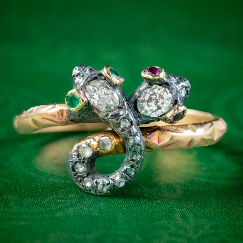 Tight clasp rings-Victorian Style Toi Et Moi Diamond Snake Twist Ring Ruby Emerald Eyes