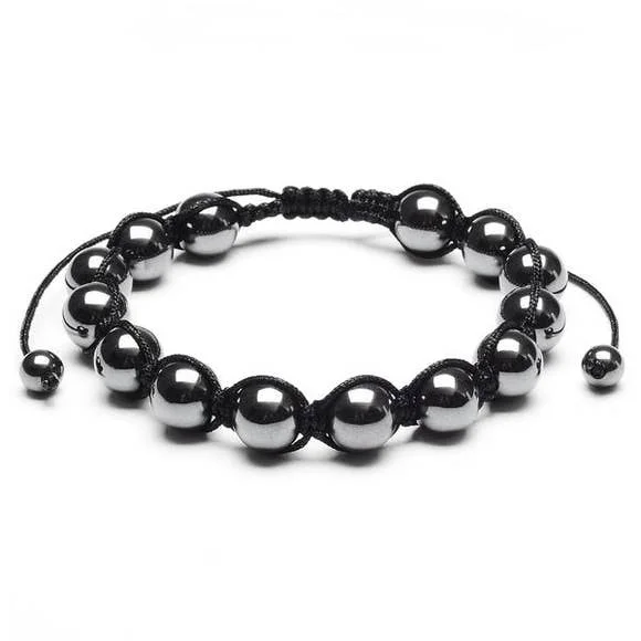 Woven cord bangles-HEMATITE STONE BEADED ADJUSTABLE BRACELET (10MM)