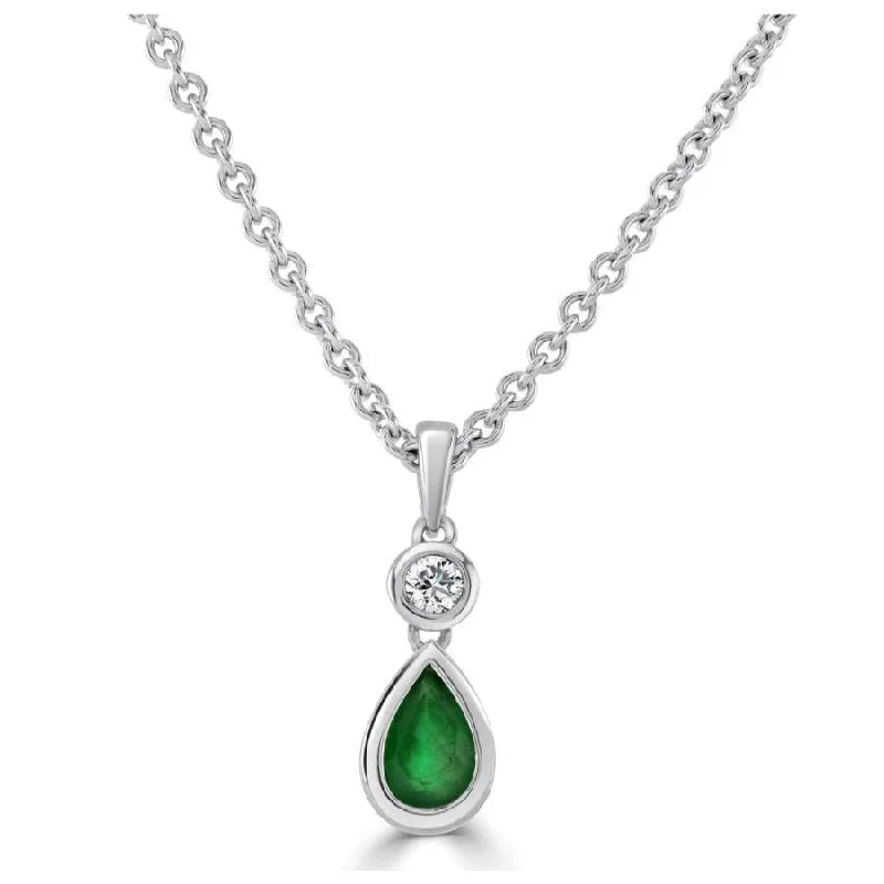 Carved initial engagement rings-18ct White Gold Rubover Set Pear Cut Emerald & Round Brilliant Cut Diamond Pendant