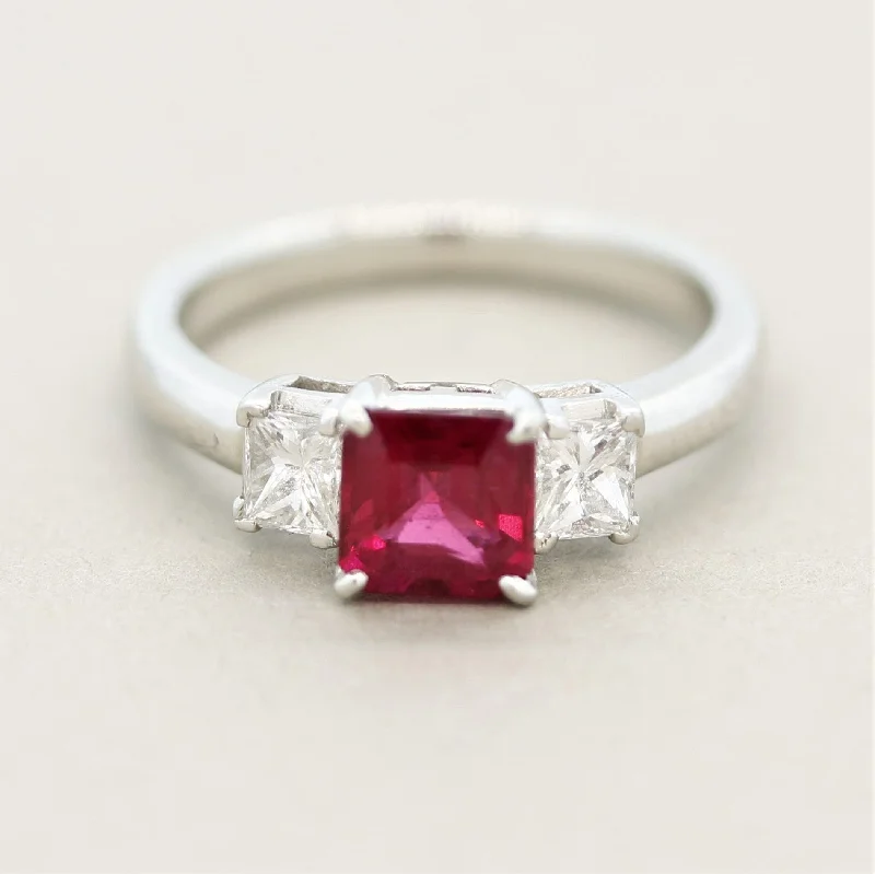 Satin band rings-Ruby Diamond 3-Stone Platinum Ring