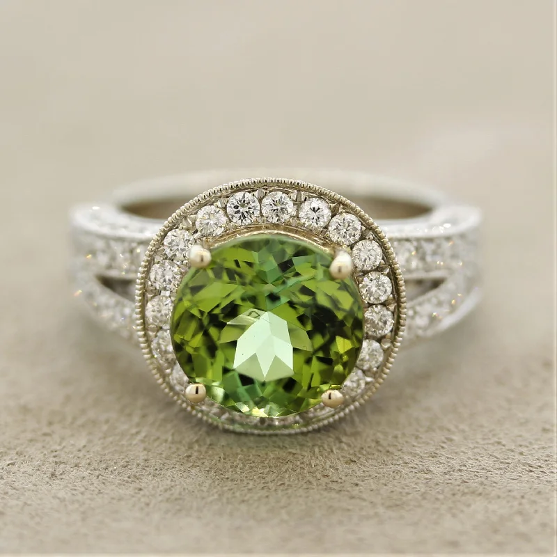 Antique promise rings-Green Tourmaline Diamond Gold Ring