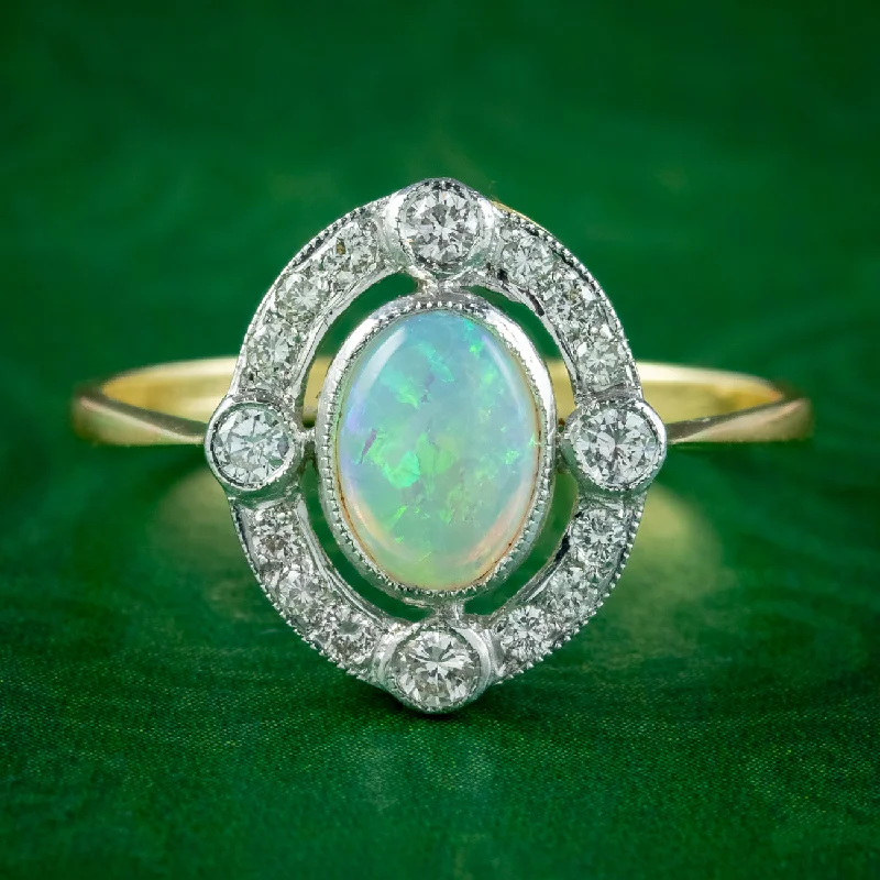 Bead-woven rings-Art Deco Style Opal Diamond Cluster Ring 0.70ct Opal