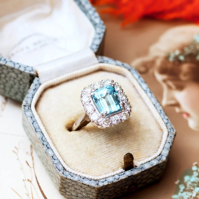 Cluster gem rings-Totally Glamorous Vintage Aquamarine & Diamond Ring