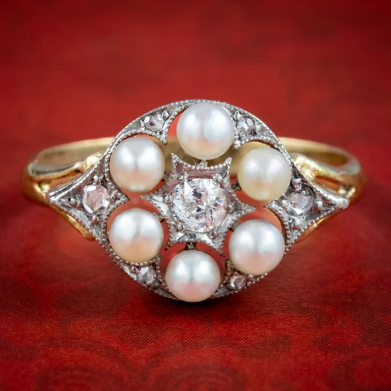 Dainty silver rings-Vintage Pearl Diamond Cluster Ring