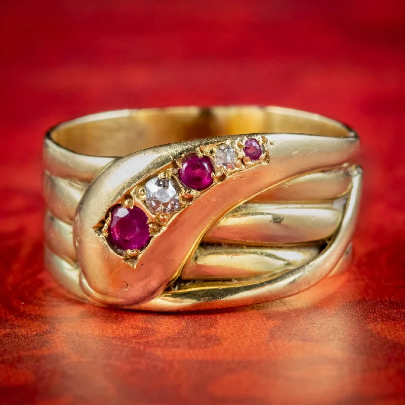 Owl motif rings-Antique Victorian Ruby Diamond Snake Ring Circa 1890