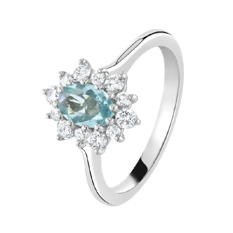 Lily motif engagement rings-Platinum Oval Cut Paraiba Tourmaline & Round Brilliant Cut Diamond Cluster Ring