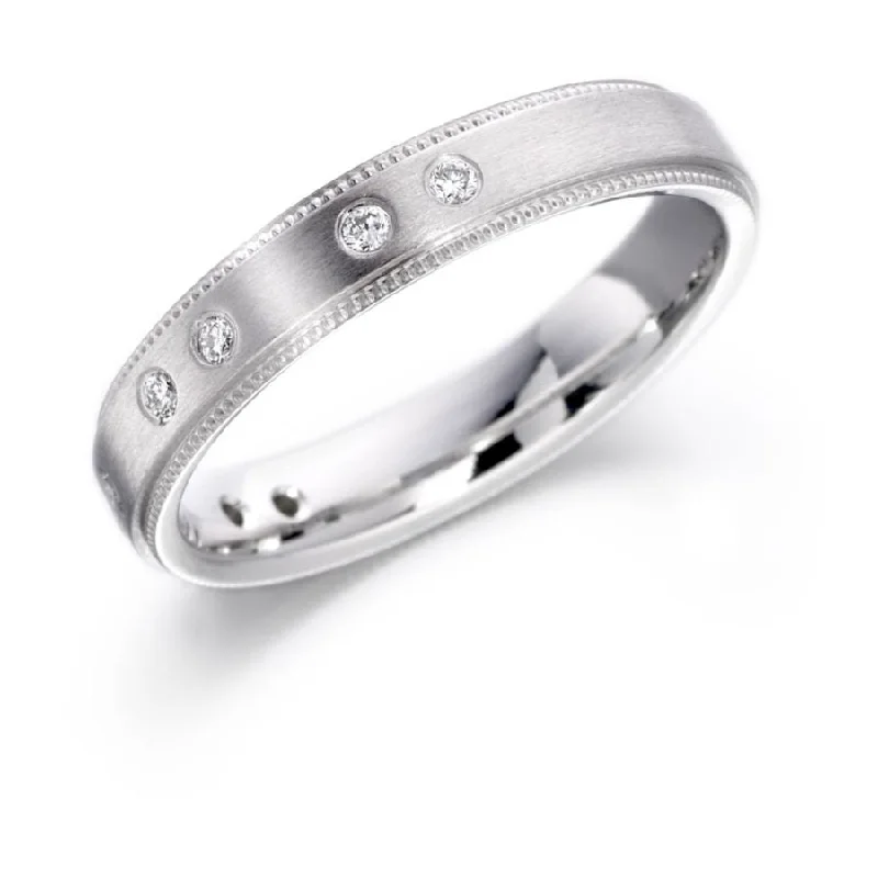 Sleek modern engagement rings-18ct white gold matt & bead edge diamond band