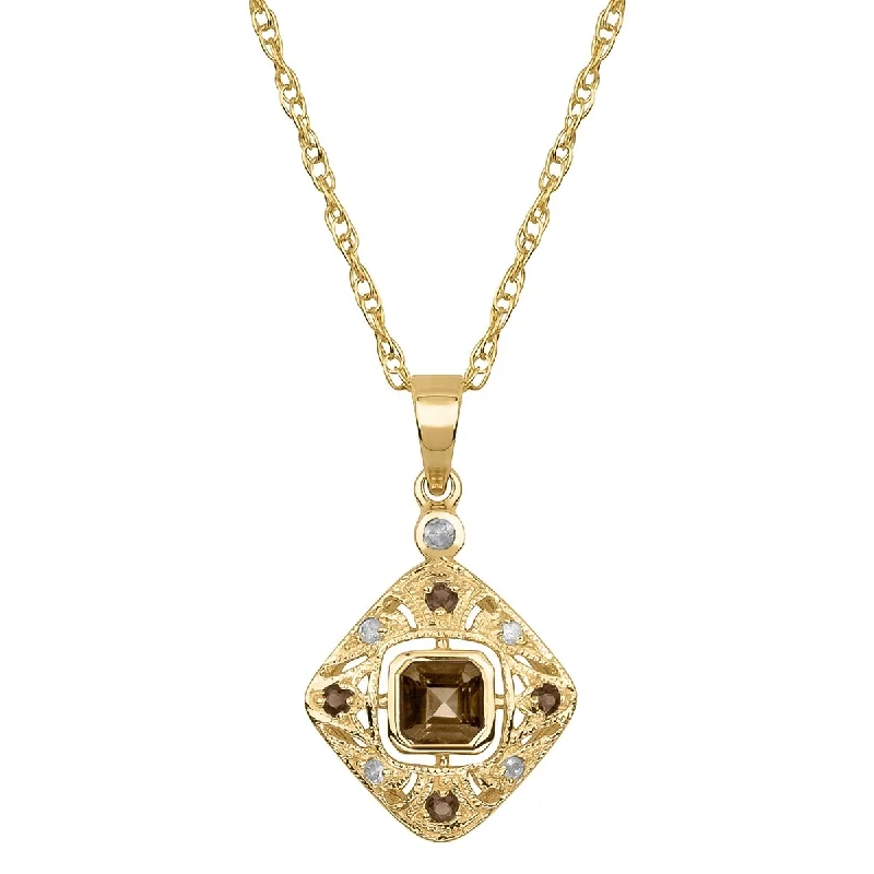 Viducci 10k Yellow Gold Vintage Style Genuine Smoky Quartz and Diamond Necklace