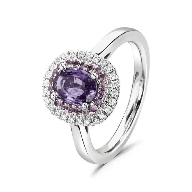 Glossy eternity engagement rings-18ct White Gold Oval Cut Purple Sapphire & Diamond Double Halo Cluster Ring